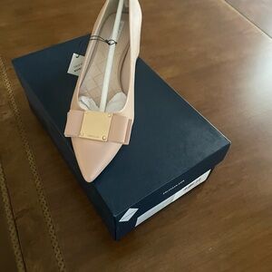 Cole Haan Modern Nude leather Pointed Low Block Heel Pump with Gold Buckle